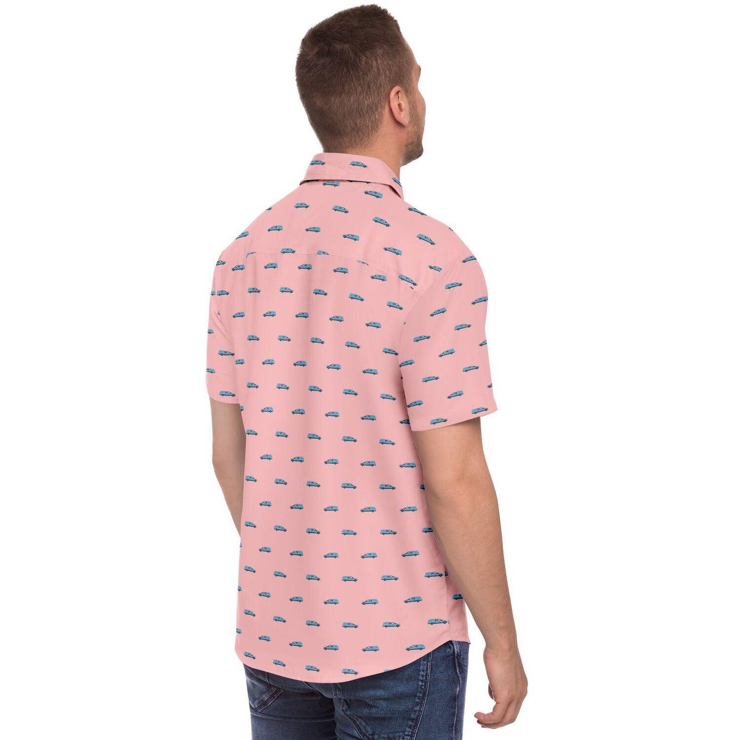 back side angled view of man wearing light pink button up tee with a light blue hearse pattern.