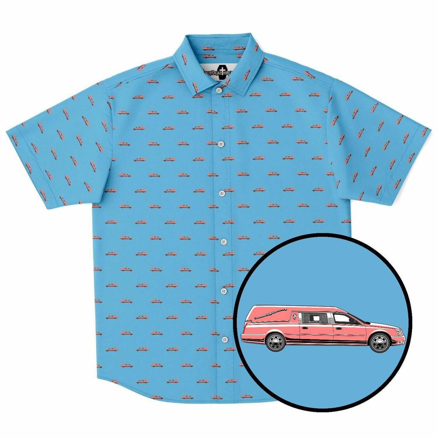 Baby blue button up short sleeve shirt featuring a pink hearse pattern. Front view.