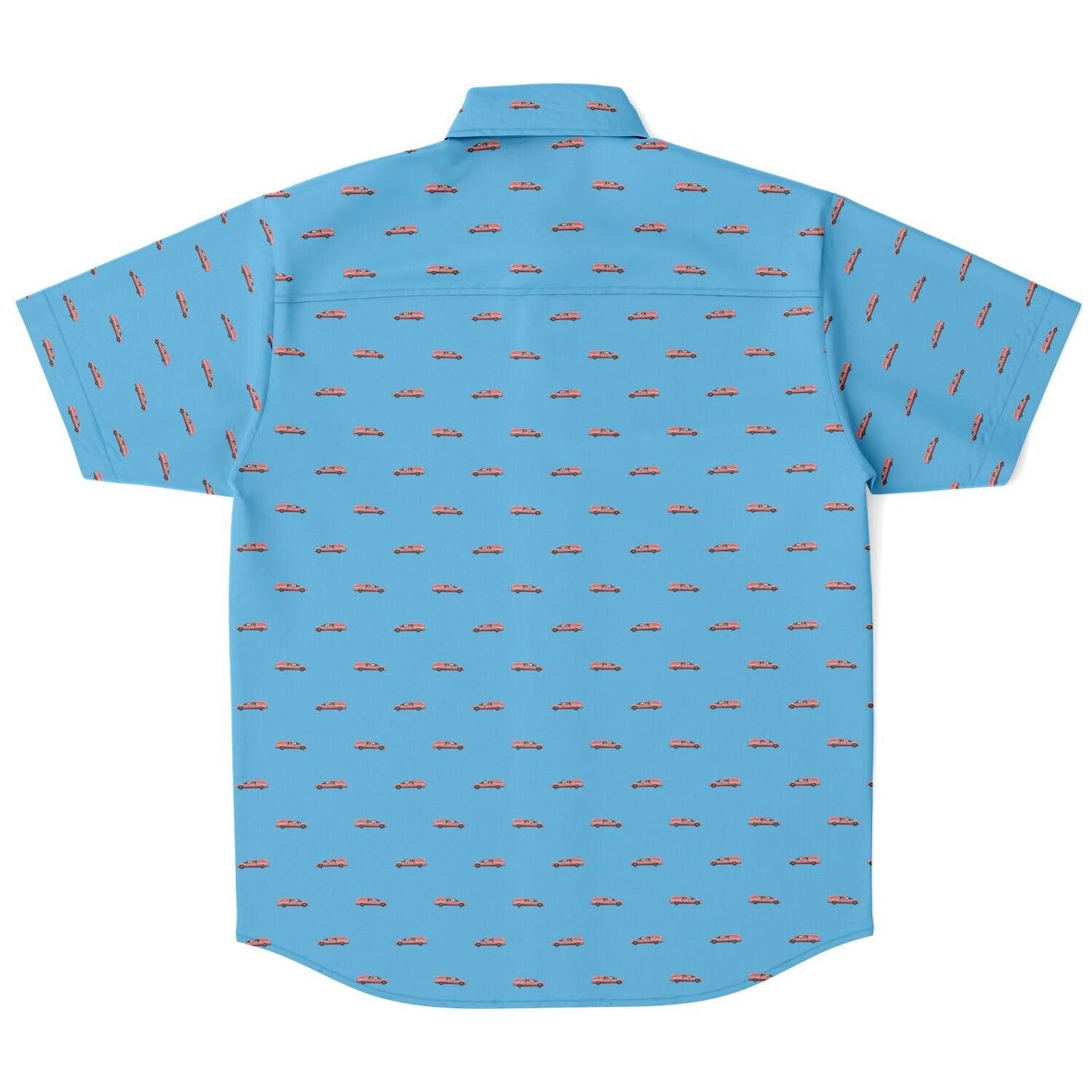 Back view. Baby blue button down tee shirt with a pink hearse pattern