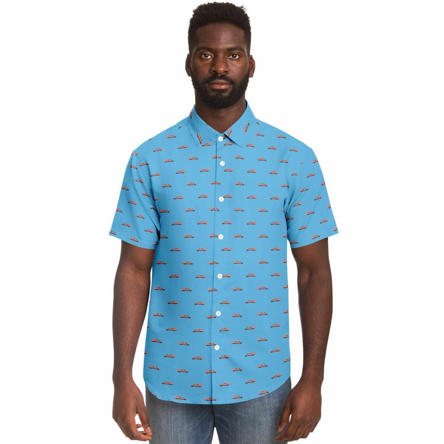 Male model wearing a baby blue button down tshirt with short sleeves with a pink hearse pattern. Front view.