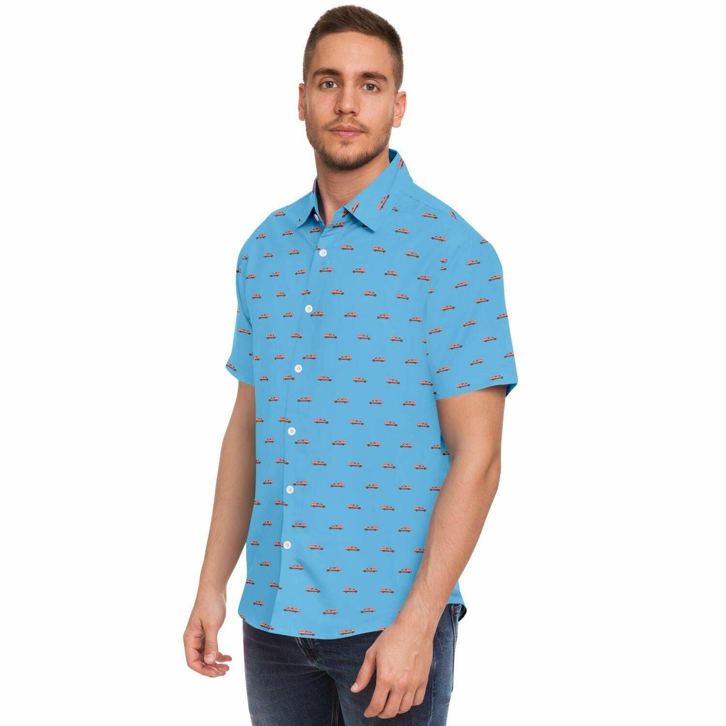 man wearing a baby blue button down tshirt with pink hearse funeral coach pattern. Side angle view