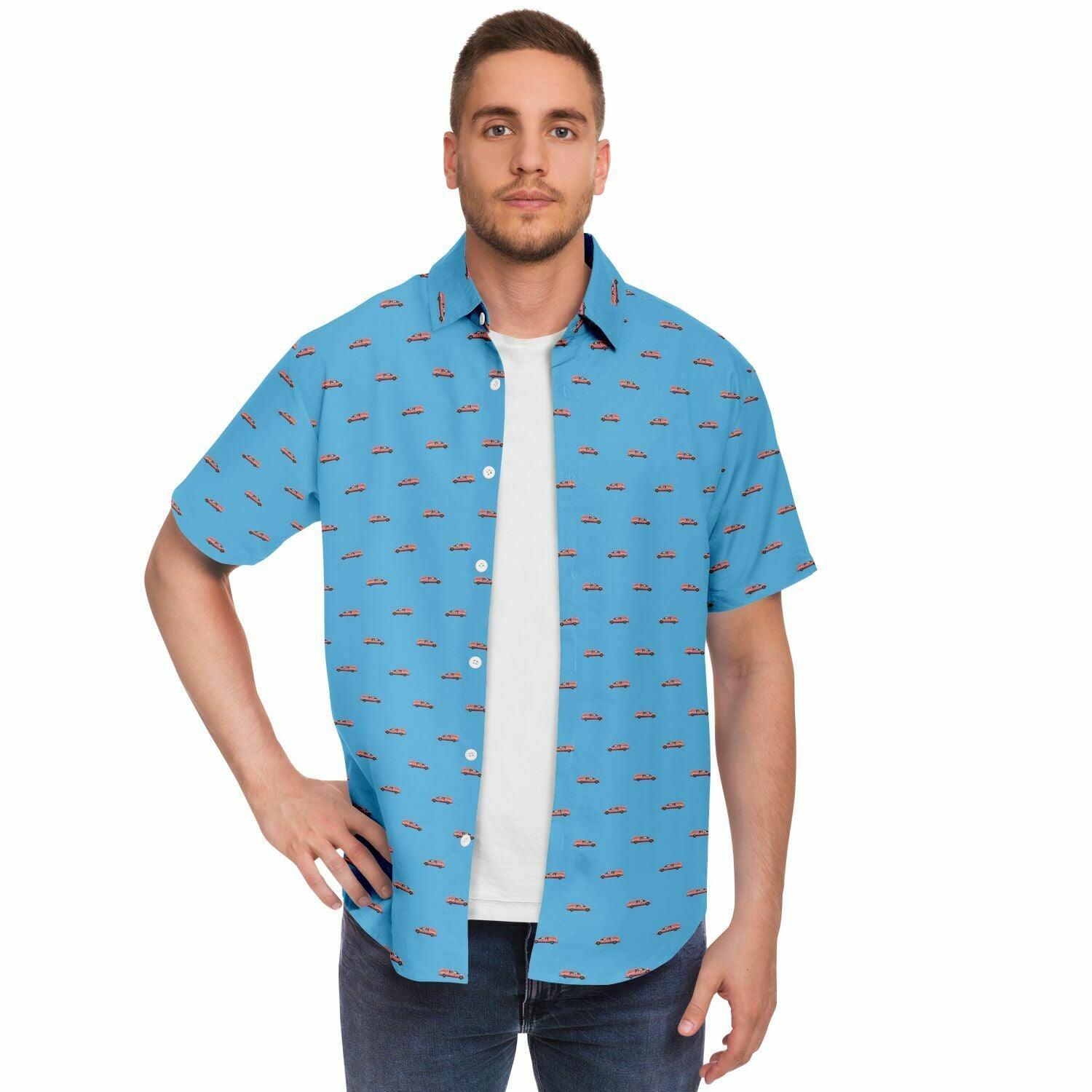 Model wearing a baby blue button up tee opened. Shirt has a pink hearse funeral  coach pattern. Front view