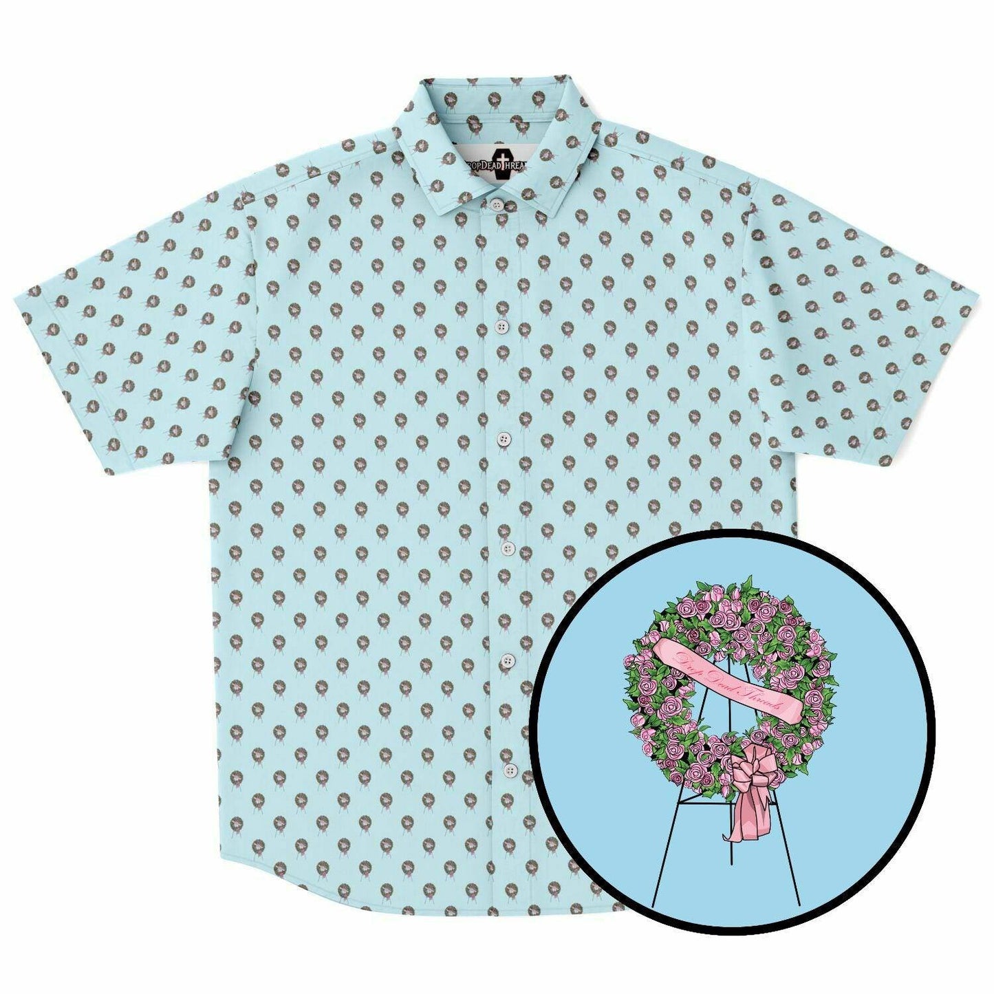 Subtle-Tee Pink Rose Wreath Easel on Light Sky Blue - button down, button up, Funeral, funeral directing, funeral director, funeral flowers, mortician Short Sleeve Button Down Shirt - AOP