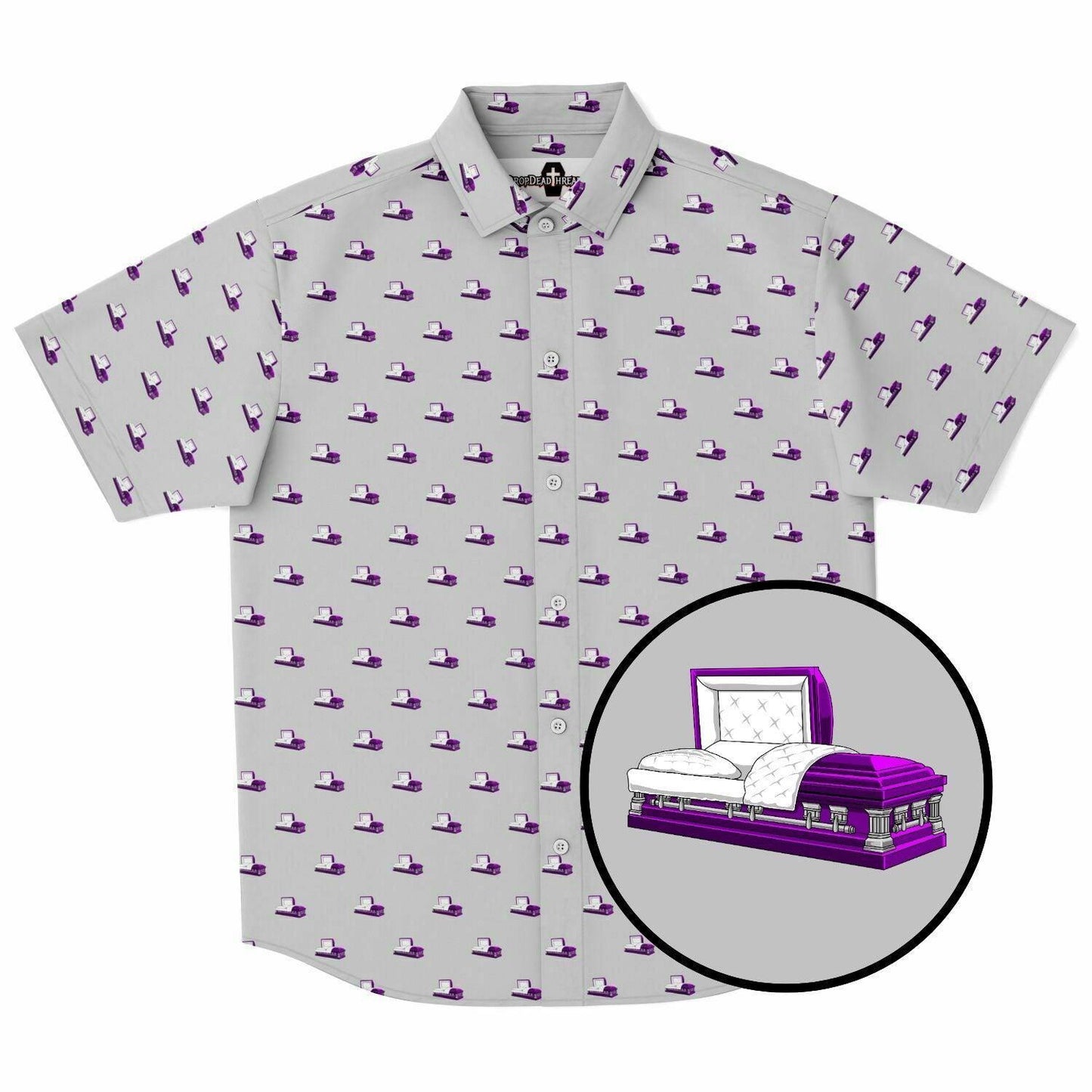 Light grey button up short sleeve shirt featuring a purple coffin pattern. Front view. 