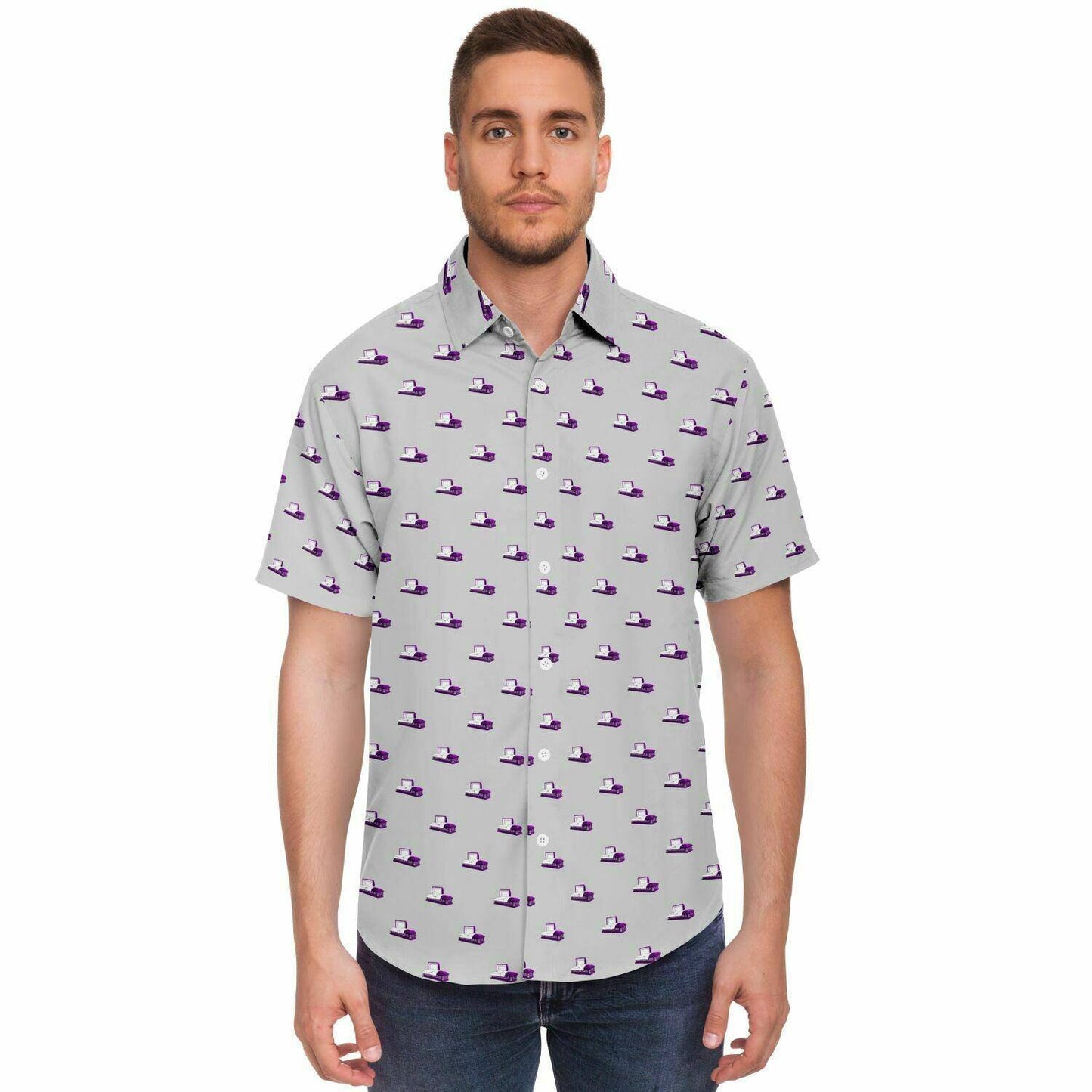 Man wearing light grey button down tee with purple modern steel metal open casket pattern. front view