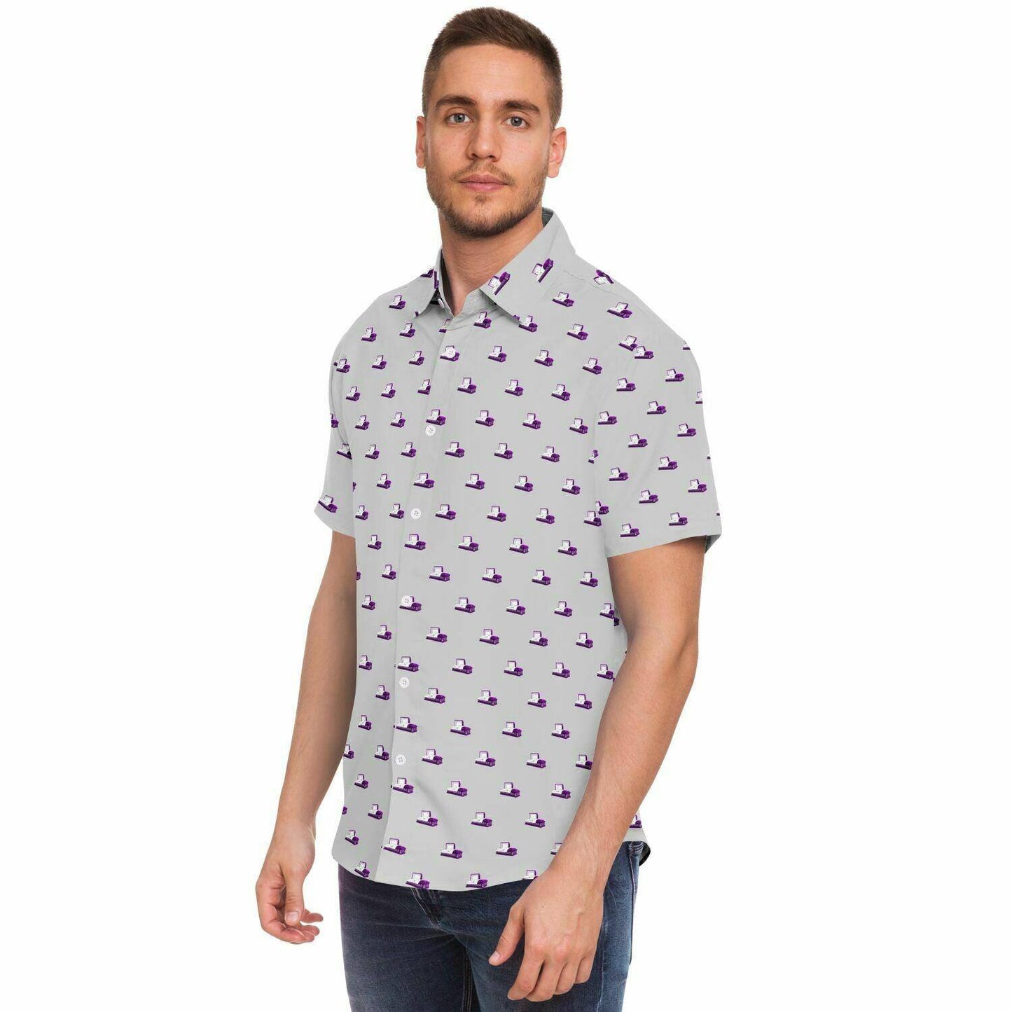 Male model with light grey button down tshirt with purple coffin pattern. side angle view