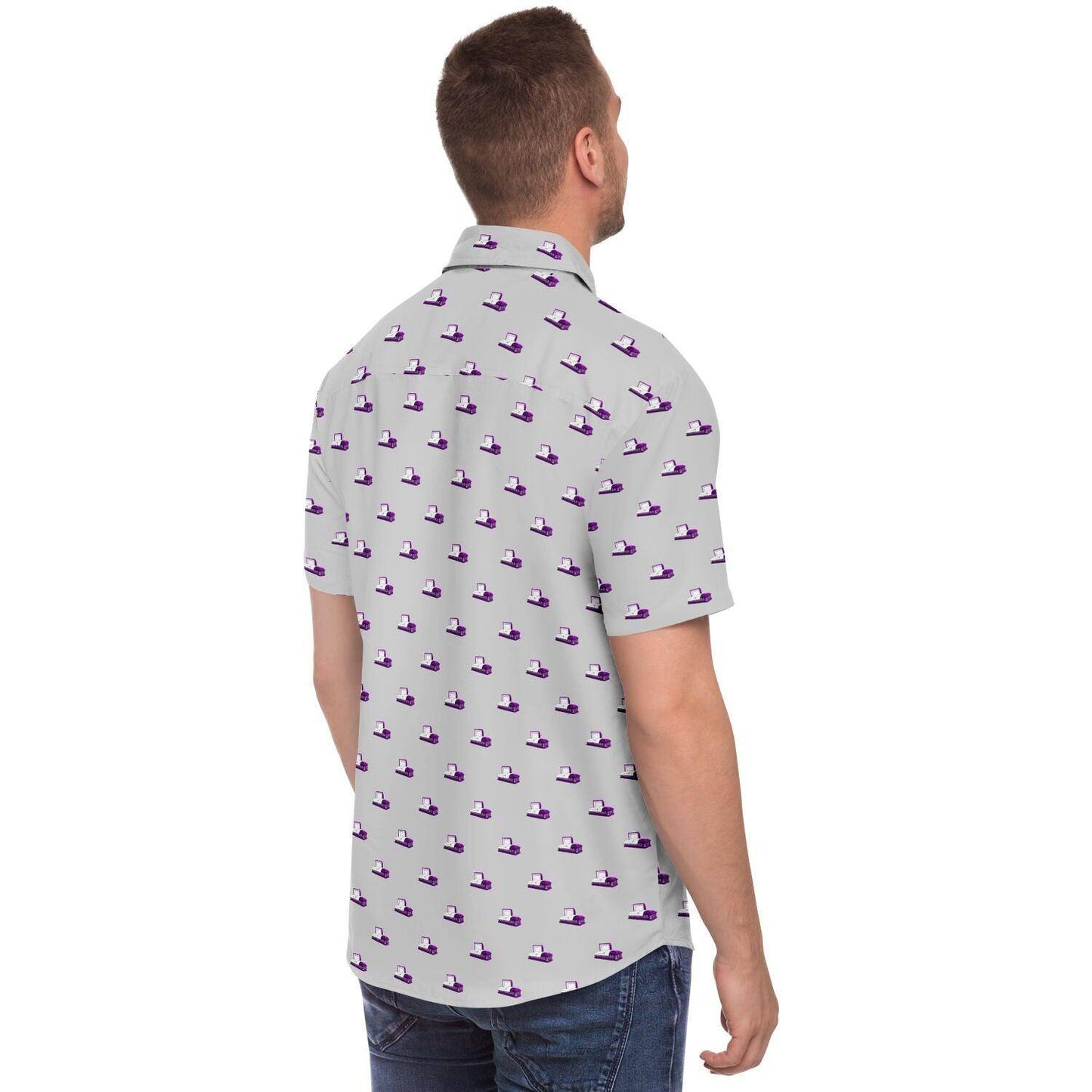 man wearing purple coffin pattern on light grey button up short sleeve shirt. back side angle view