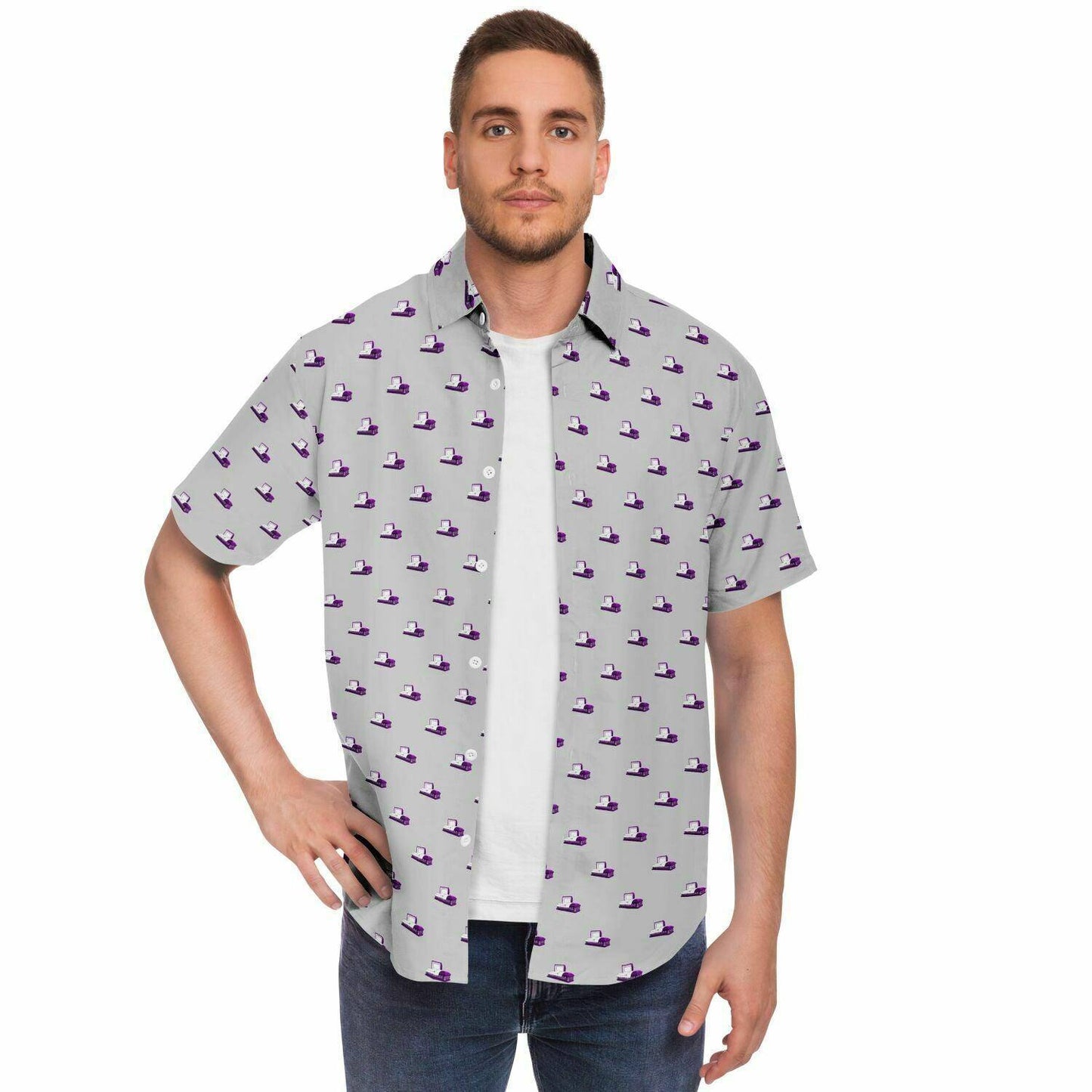 model wearing open light grey button down short sleeve shirt with metal purple open casket pattern. frontal view