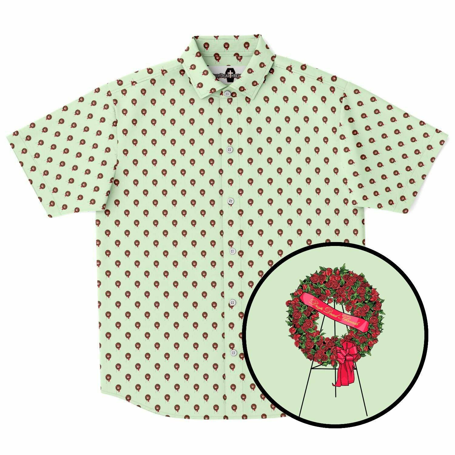 Subtle-Tee Red Rose Wreath Easel on Light Pale Green - button down, button up, Funeral, funeral directing, funeral director, funeral flowers, mortician Short Sleeve Button Down Shirt - AOP