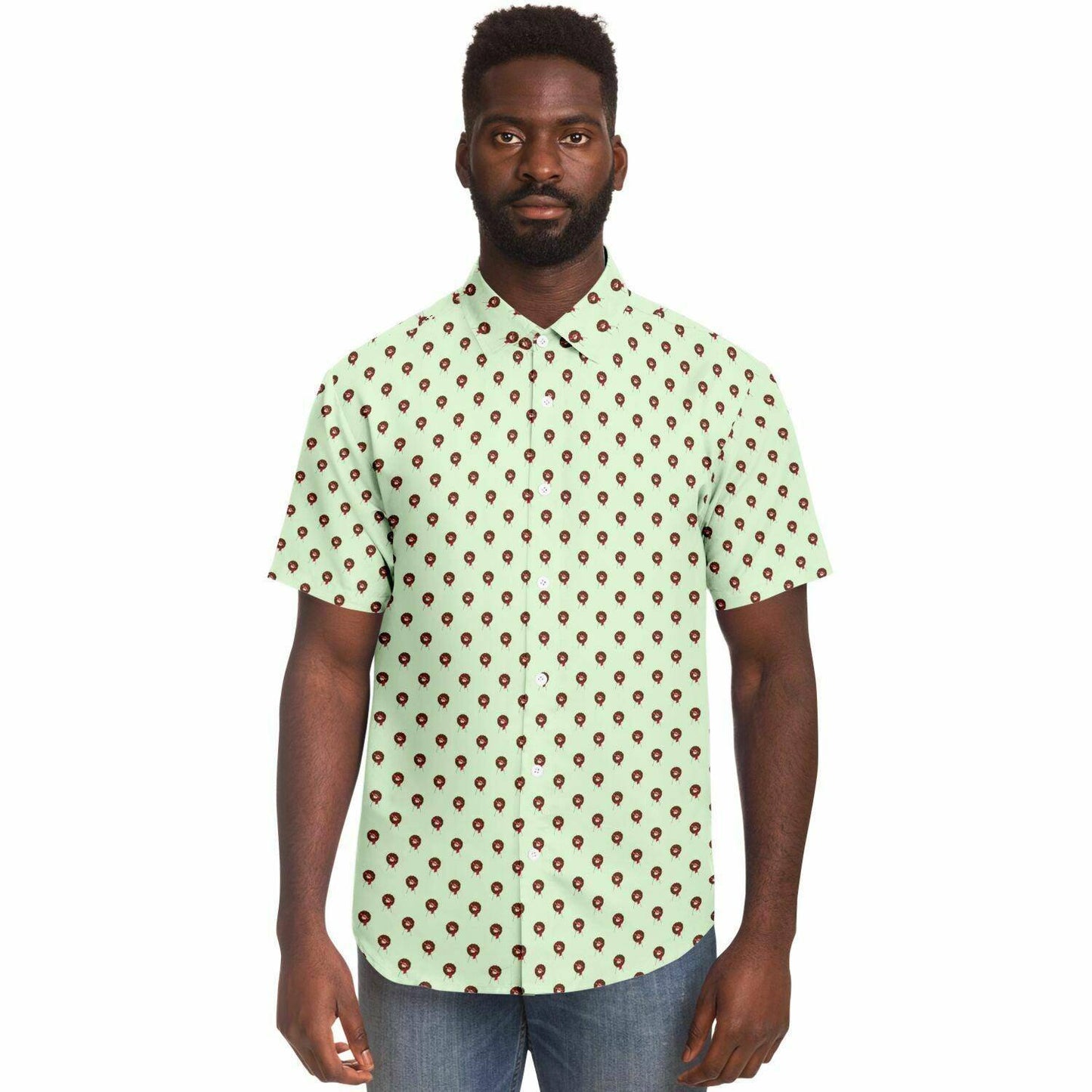 Subtle-Tee Red Rose Wreath Easel on Light Pale Green - button down, button up, Funeral, funeral director, funeral flowers Short Sleeve Button Down Shirt - AOP