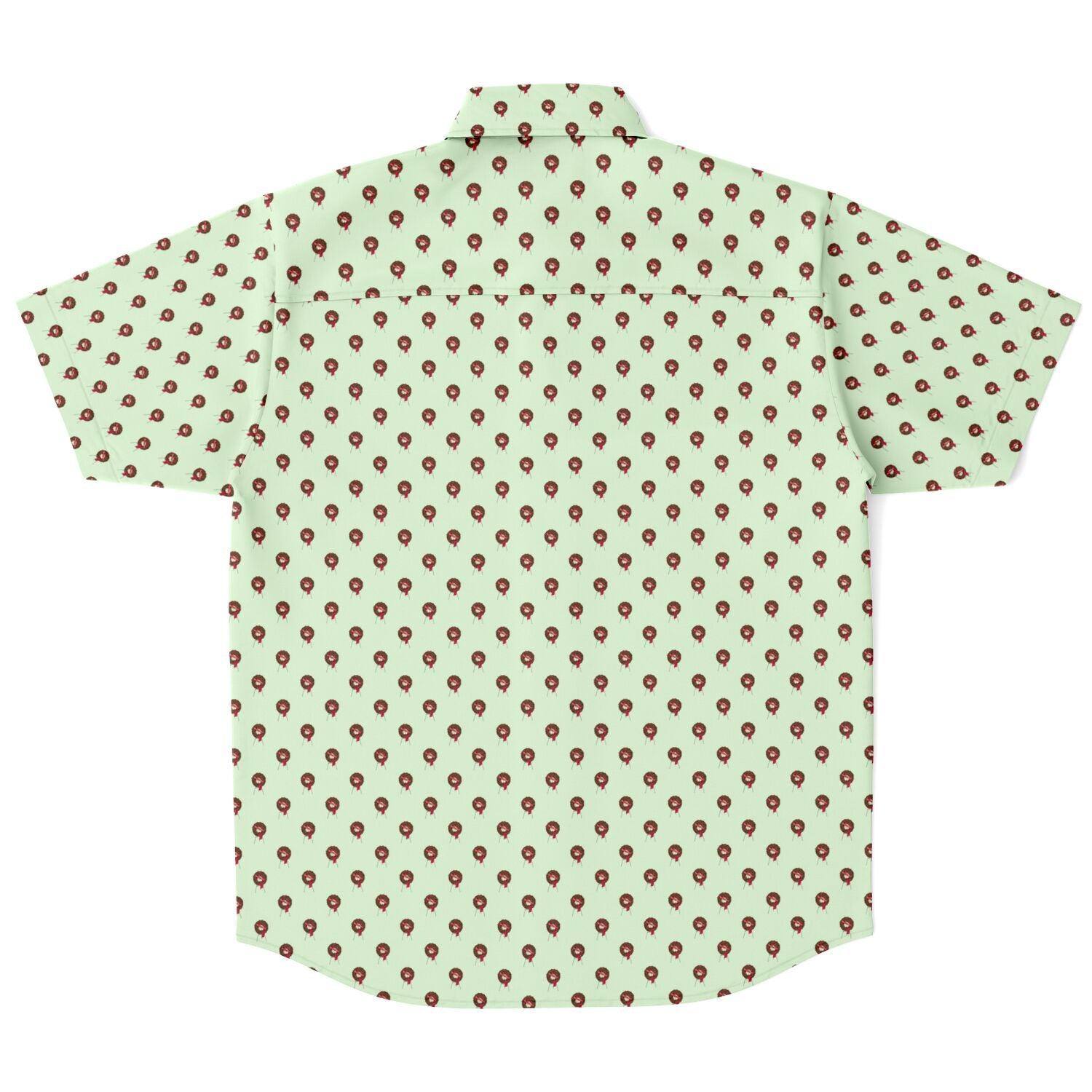 Subtle-Tee Red Rose Wreath Easel on Light Pale Green - button down, button up, Funeral, funeral director, funeral flowers Short Sleeve Button Down Shirt - AOP