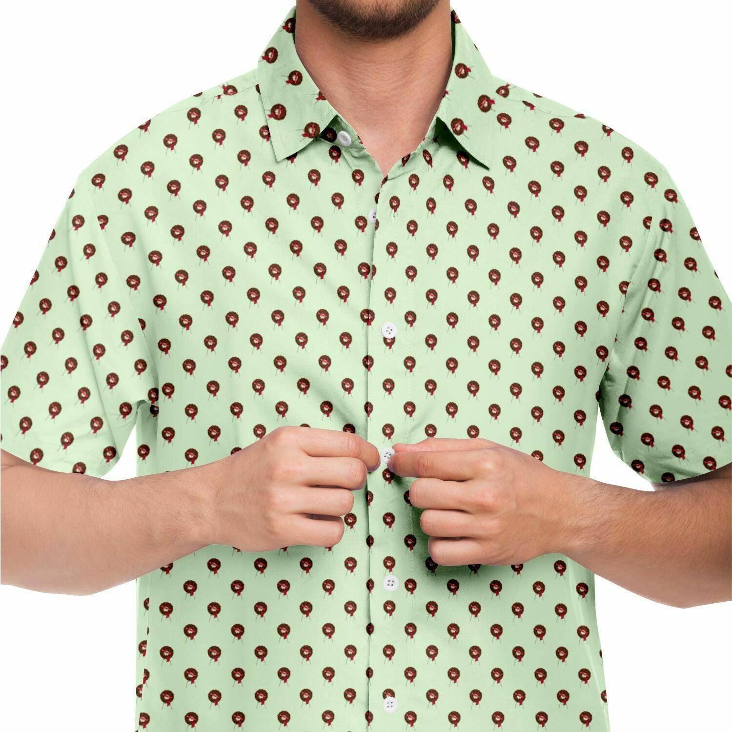 Subtle-Tee Red Rose Wreath Easel on Light Pale Green - button down, button up, Funeral, funeral director, funeral flowers Short Sleeve Button Down Shirt - AOP