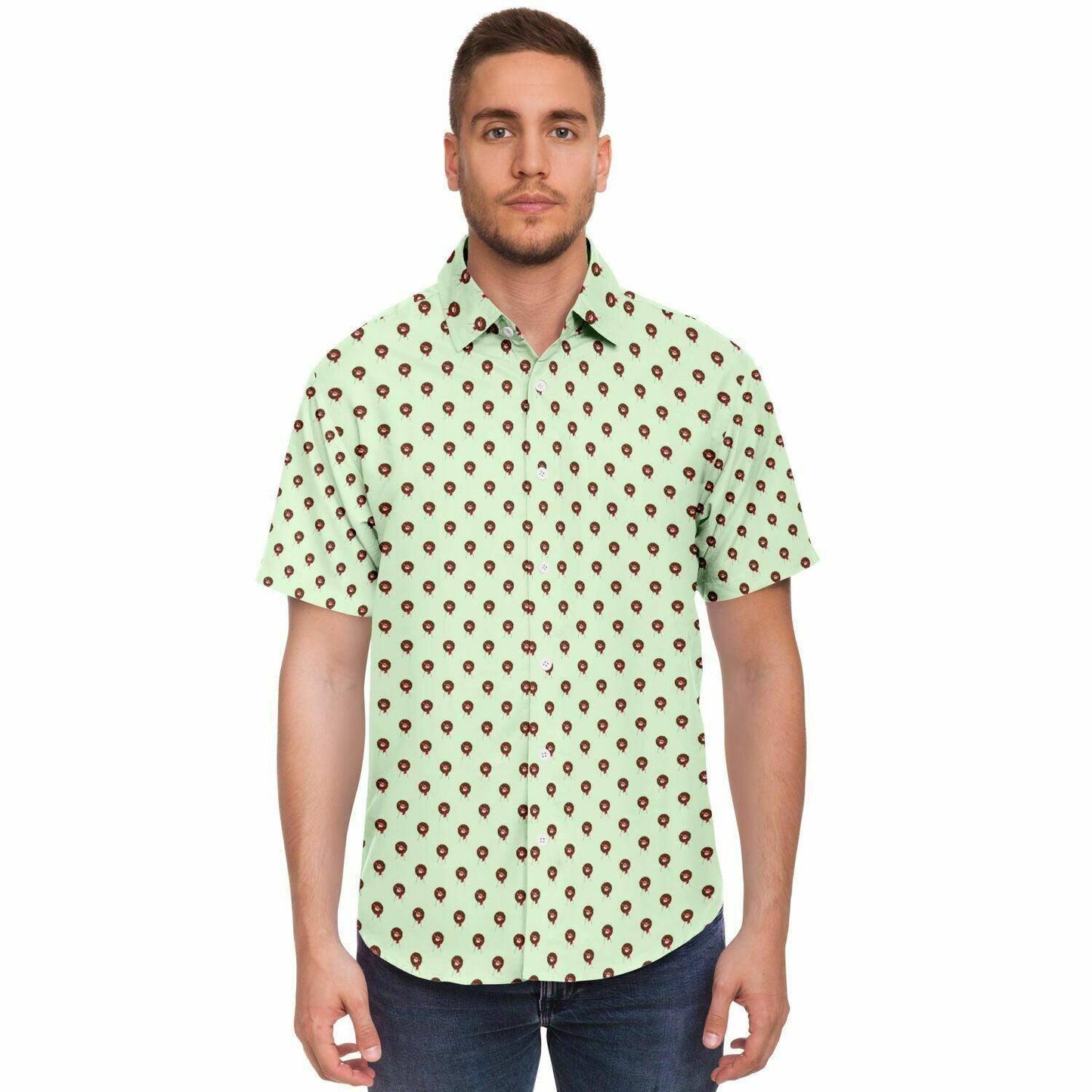 Subtle-Tee Red Rose Wreath Easel on Light Pale Green - button down, button up, Funeral, funeral director, funeral flowers Short Sleeve Button Down Shirt - AOP