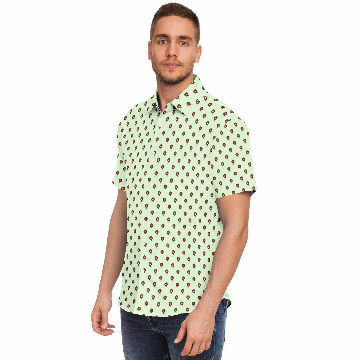 Subtle-Tee Red Rose Wreath Easel on Light Pale Green - button down, button up, Funeral, funeral director, funeral flowers Short Sleeve Button Down Shirt - AOP