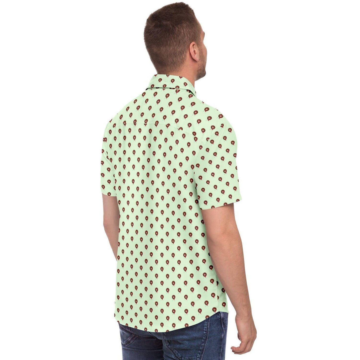 Subtle-Tee Red Rose Wreath Easel on Light Pale Green - button down, button up, Funeral, funeral director, funeral flowers Short Sleeve Button Down Shirt - AOP