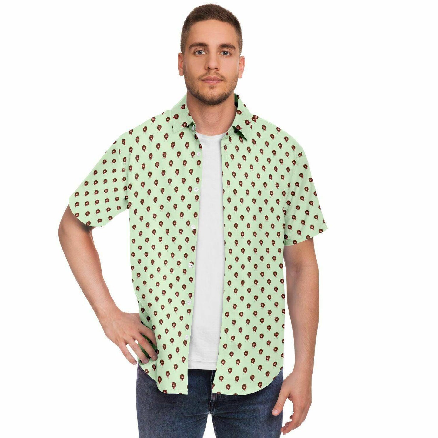 Subtle-Tee Red Rose Wreath Easel on Light Pale Green - button down, button up, Funeral, funeral director, funeral flowers Short Sleeve Button Down Shirt - AOP