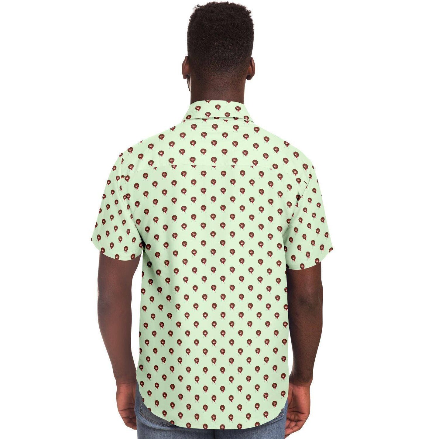 Subtle-Tee Red Rose Wreath Easel on Light Pale Green - button down, button up, Funeral, funeral director, funeral flowers Short Sleeve Button Down Shirt - AOP