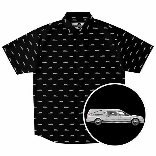 Black button up short sleeve shirt with silver funeral hearse pattern. Front view