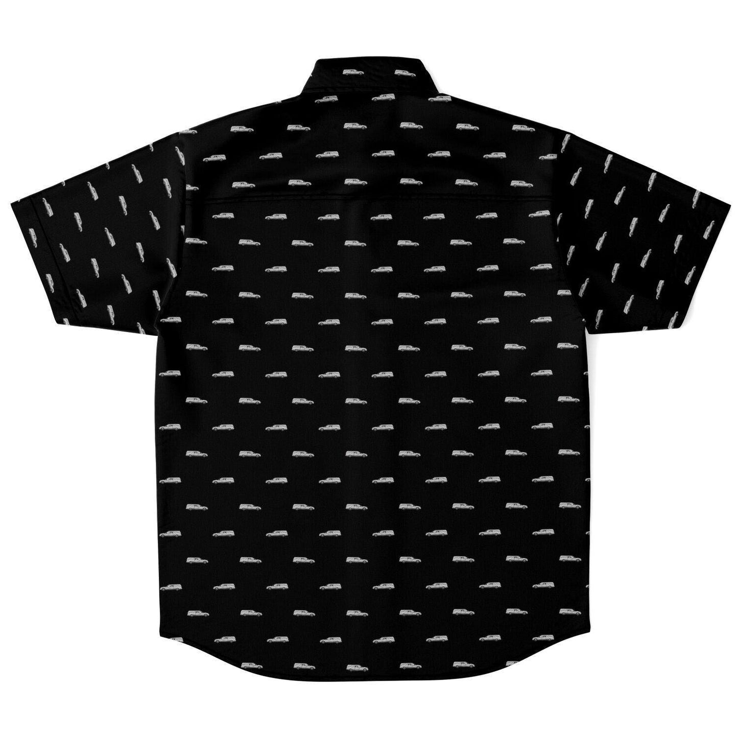 Black button down tee featuring silver funeral hearse pattern. back view