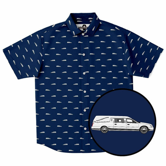 dark blue navy button up short sleeve shirt with white funeral hearse pattern. Front view