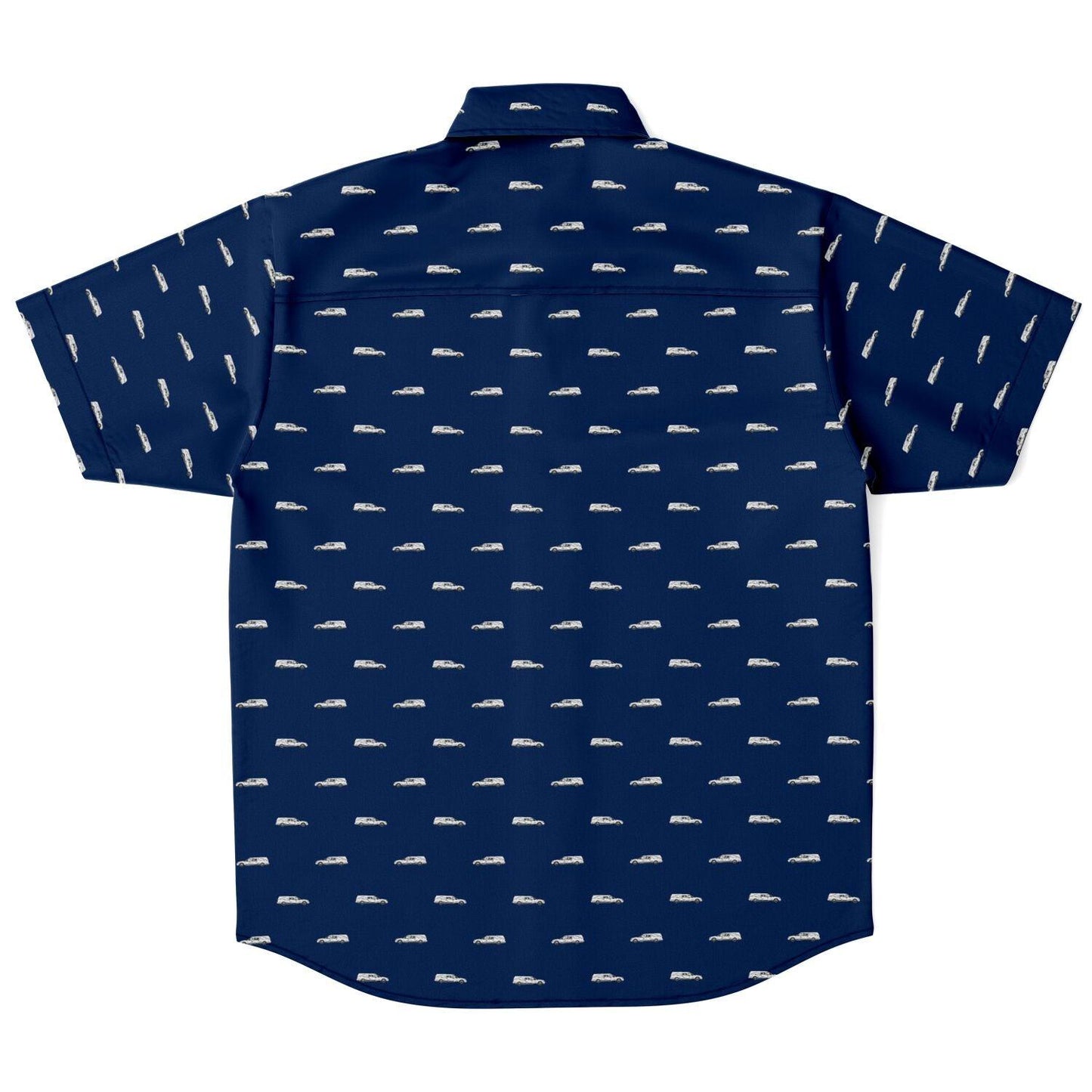 Navy dark blue button down tee shirt with white funeral hearse pattern. Back view