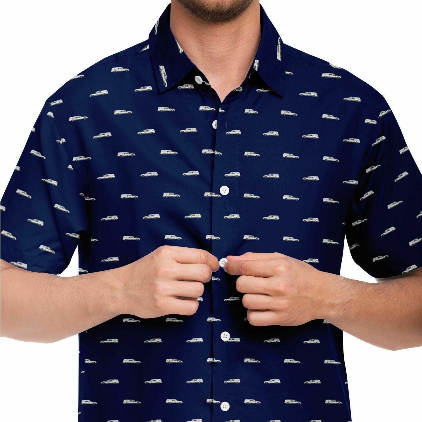 Man wearing navy blue button up tee shirt with a white funeral hearse pattern. Close up front view