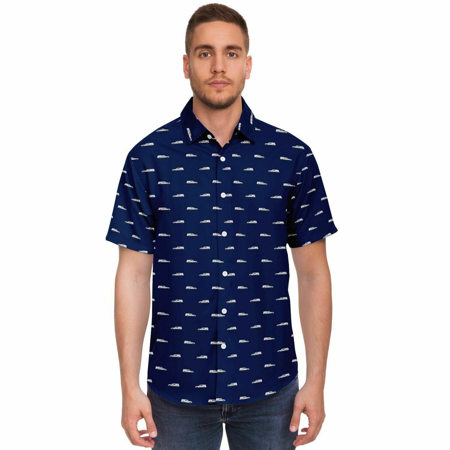 male model with navy blue button up button down tshirt and a pattern of white hearses. Frontal view