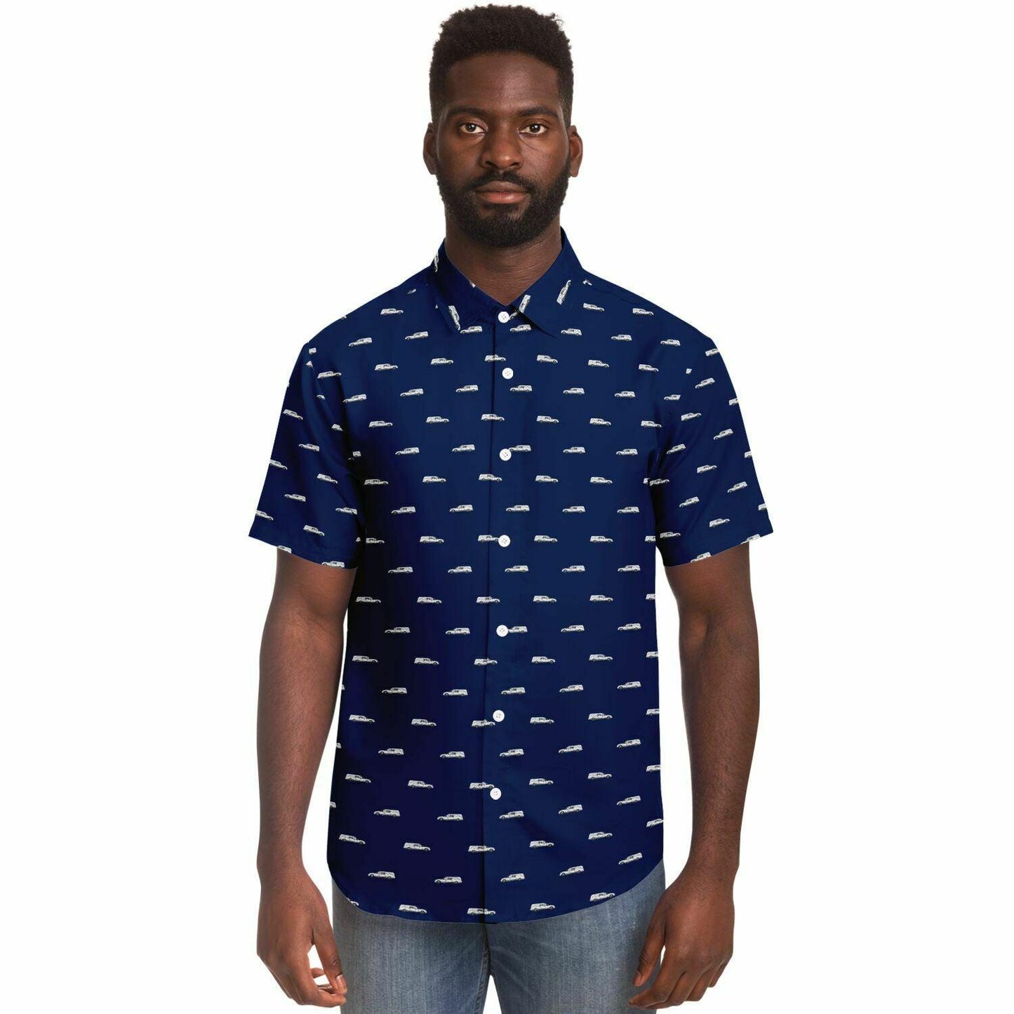 man wearing short sleeve navy blue button down tee shirt with white funeral hearses pattern on it. Frontal view