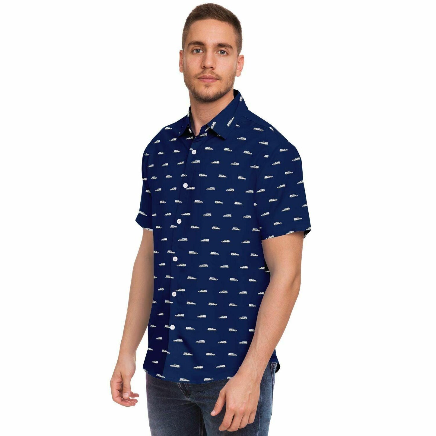 Model wearing a dark blue navy button up short sleeve tee shirt with white funeral hearse pattern. Front side angle view