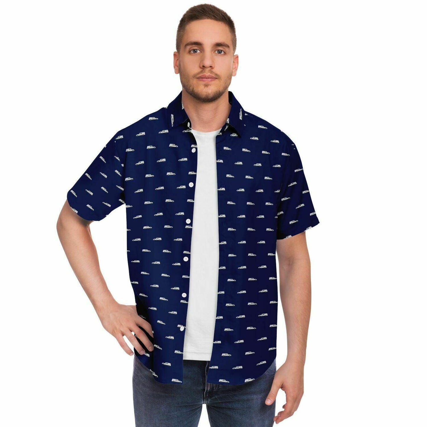 man wearing opened navy blue button down button up short sleeve tee shirt with white funeral hearses on it. Hearse pattern. Frontal view