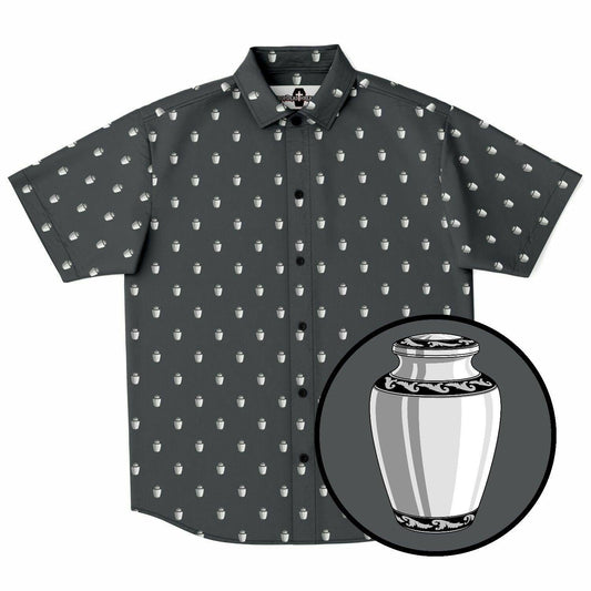 Dark charcoal steel grey short sleeve button up tee shirt with white vase style cremation urn pattern. Front view