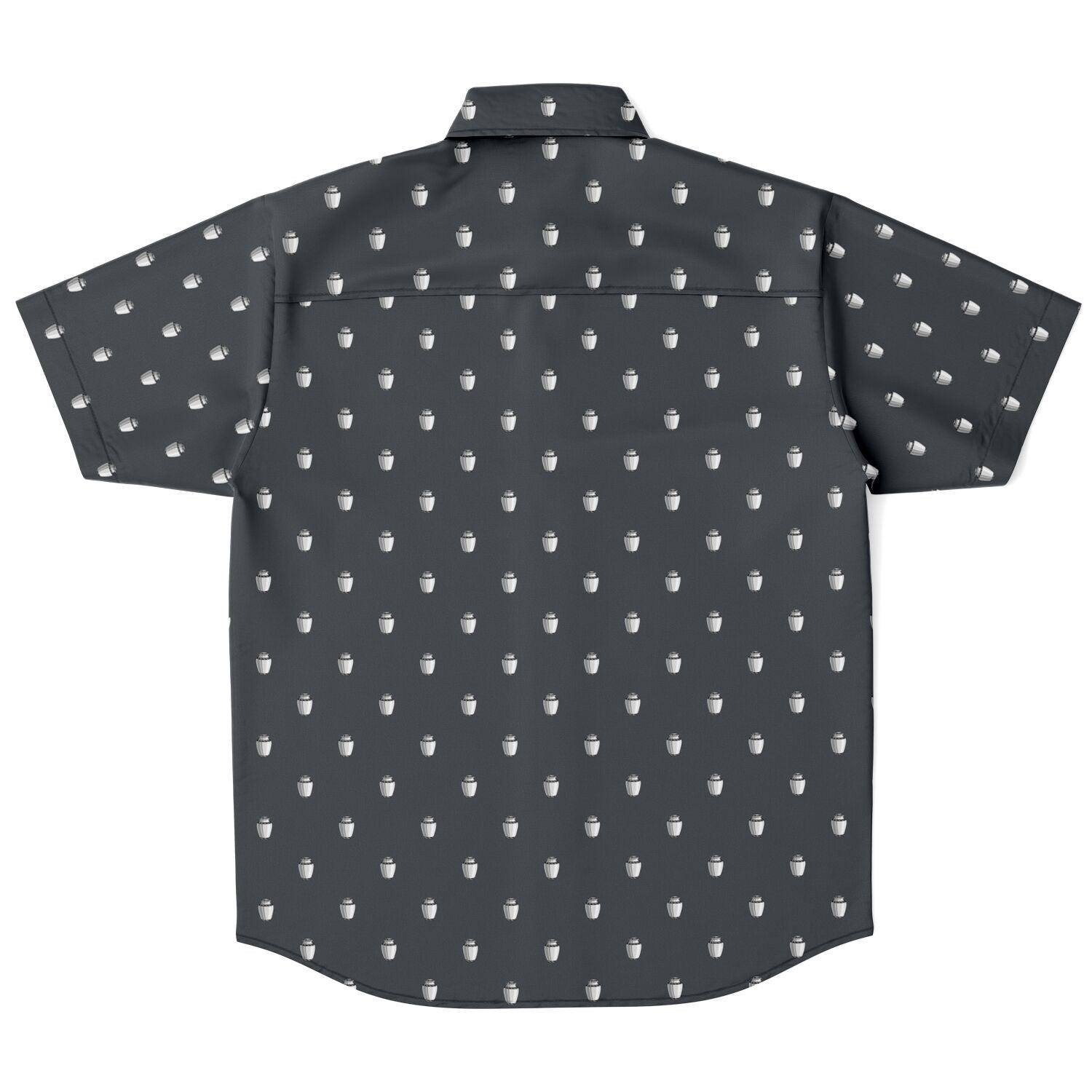 Dark charcoal steel grey button down tee shirt featuring a white vase style cremation urn pattern. Back view