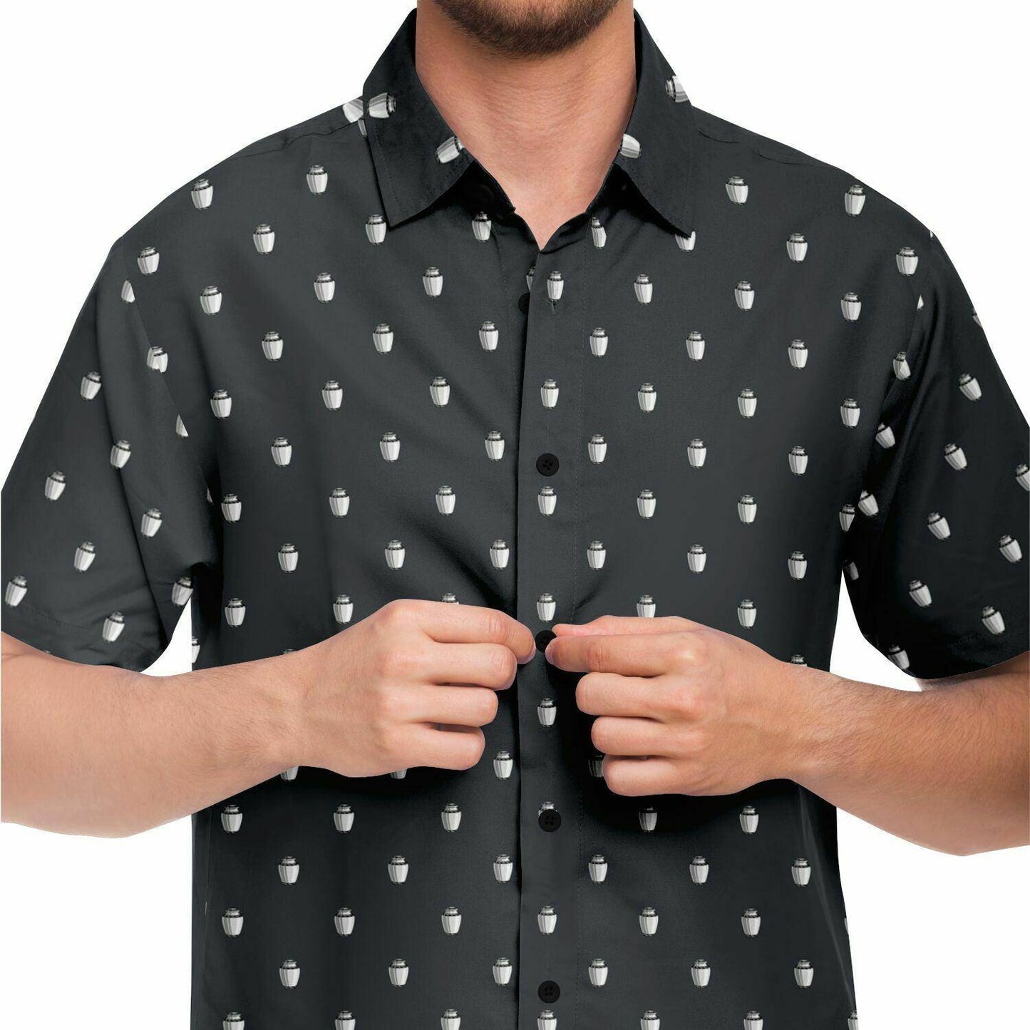 Man wearing dark charcoal steel grey button up tee shirt with a white cremation vase urn pattern. Close up frontal view