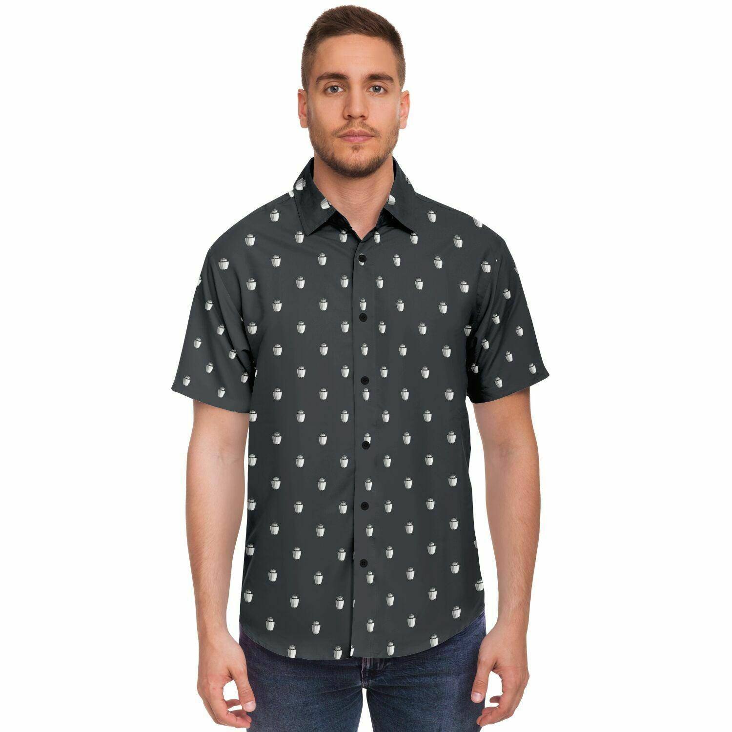 Man wearing a steel charcoal grey button down tee shirt with a white cremation vase urn pattern. Frontal view