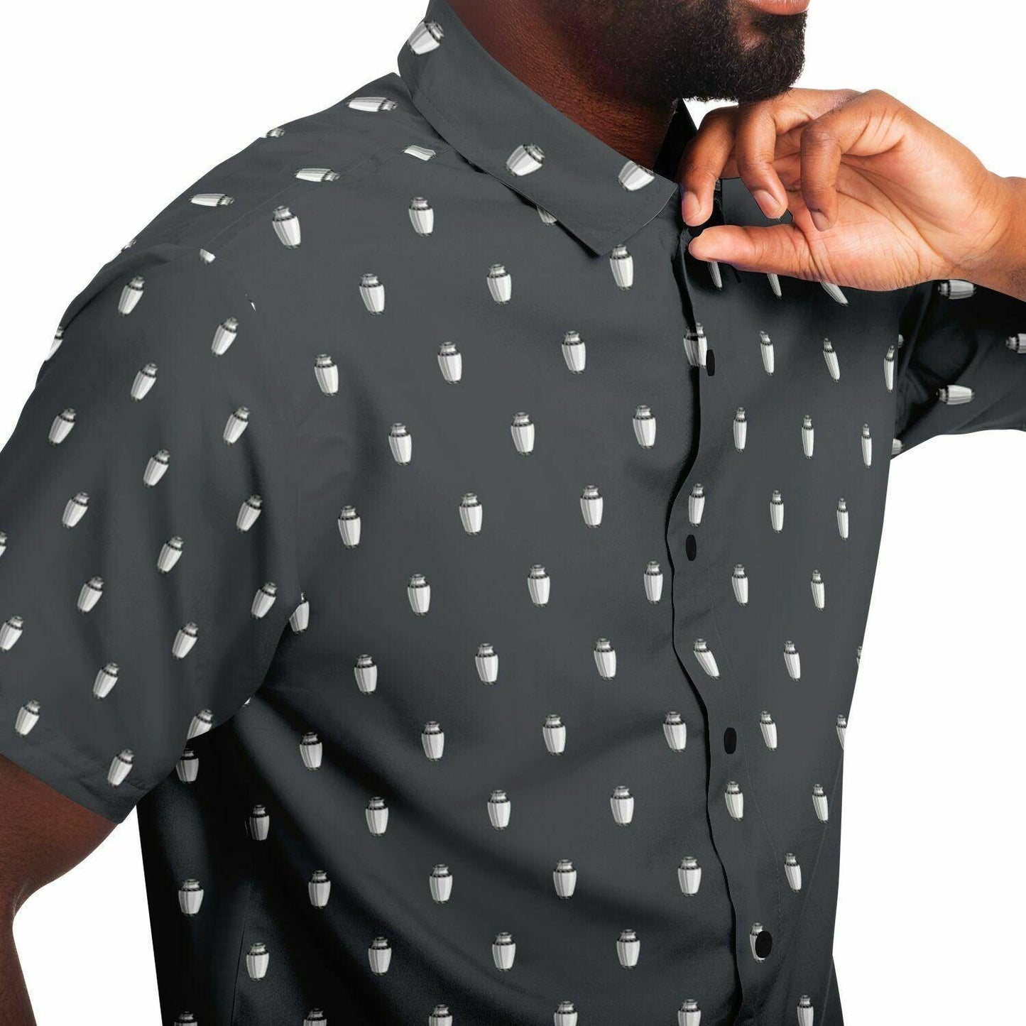 Subtle-Tee White Urn on Steel Grey - button down, button up, death, Funeral, goth, Urn Short Sleeve Button Down Shirt - AOP