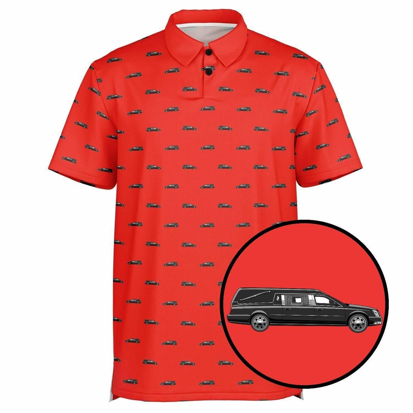 Sunday Red Sunday Dead Golf Polo - Hearse - death, Funeral, funeral directing, funeral director, golf, Hearse, mortician, tiger woods Polo Shirt - AOP