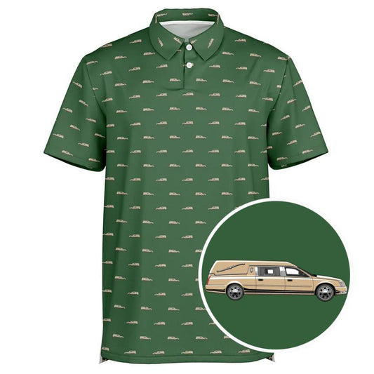 Tan Hearse on Hunter Green - Golf Polo Shirt - coach, embalmer, Funeral, funeral director, Hearse, mortician Polo Shirt