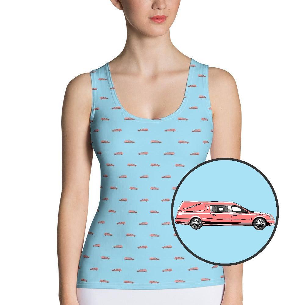 Tank Top - Pink Hearse on Baby Blue - death, funeral, goth, hearse 