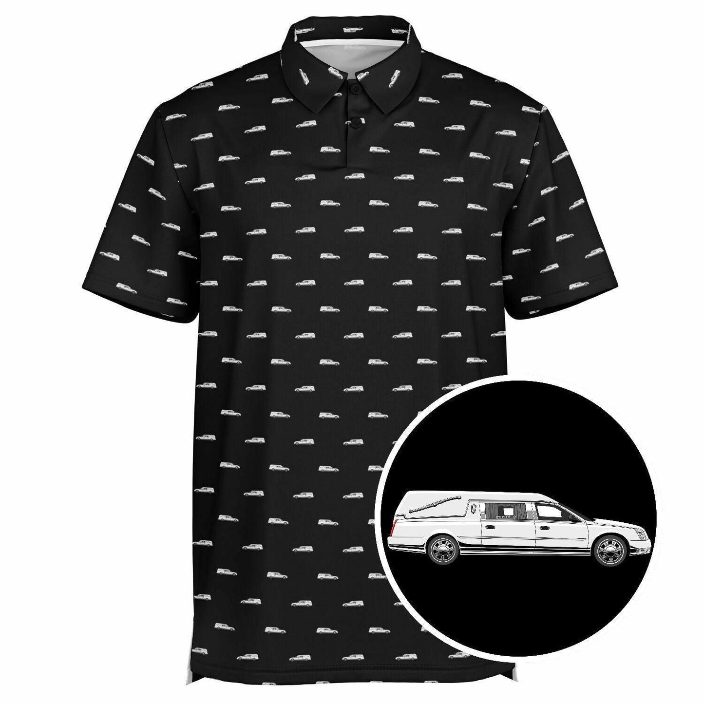 White Hearse on Black - Golf Polo Shirt - death, Funeral, funeral directing, funeral director, golf, hearse, mortician, polo Polo Shirt - AOP