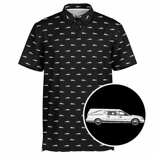 White Hearse on Black - Golf Polo Shirt - death, Funeral, funeral directing, funeral director, golf, hearse, mortician, polo Polo Shirt - AOP