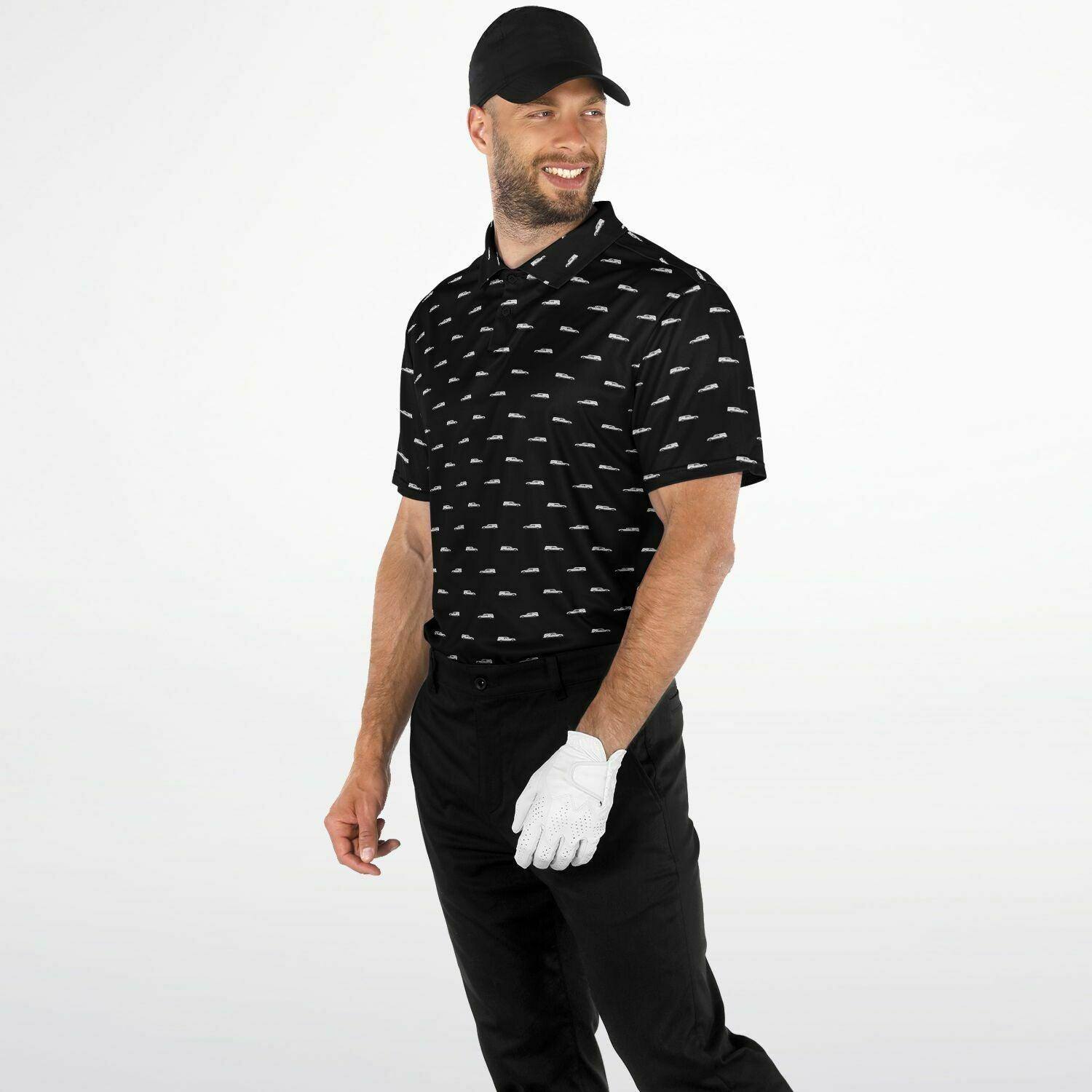 White Hearse on Black - Golf Polo Shirt - death, Funeral, golf, hearse, polo Polo Shirt - AOP