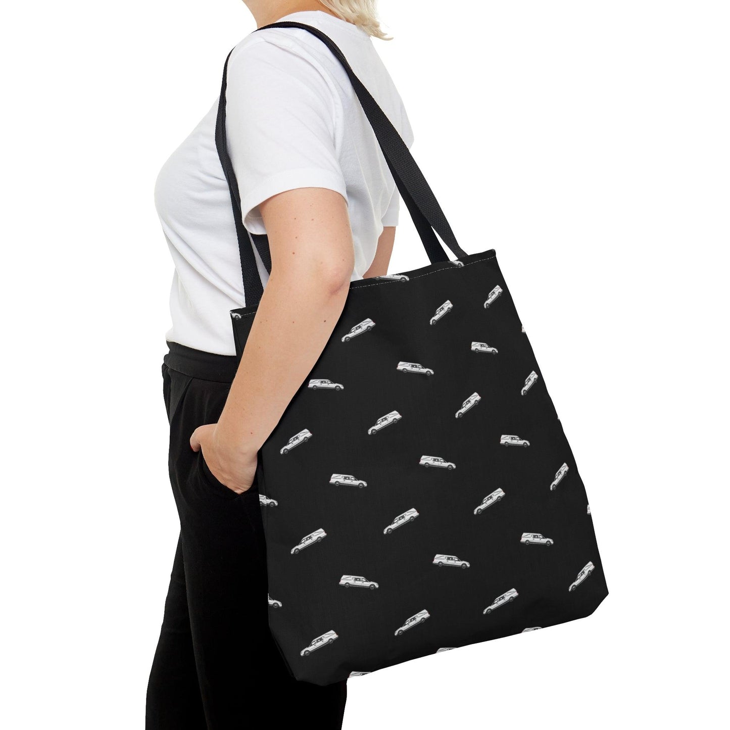 White Hearse on Black - Tote Bag - Accessories, Bags, embalmer, funeral director, Hearse, mortician, mortuary science, Totes Bags