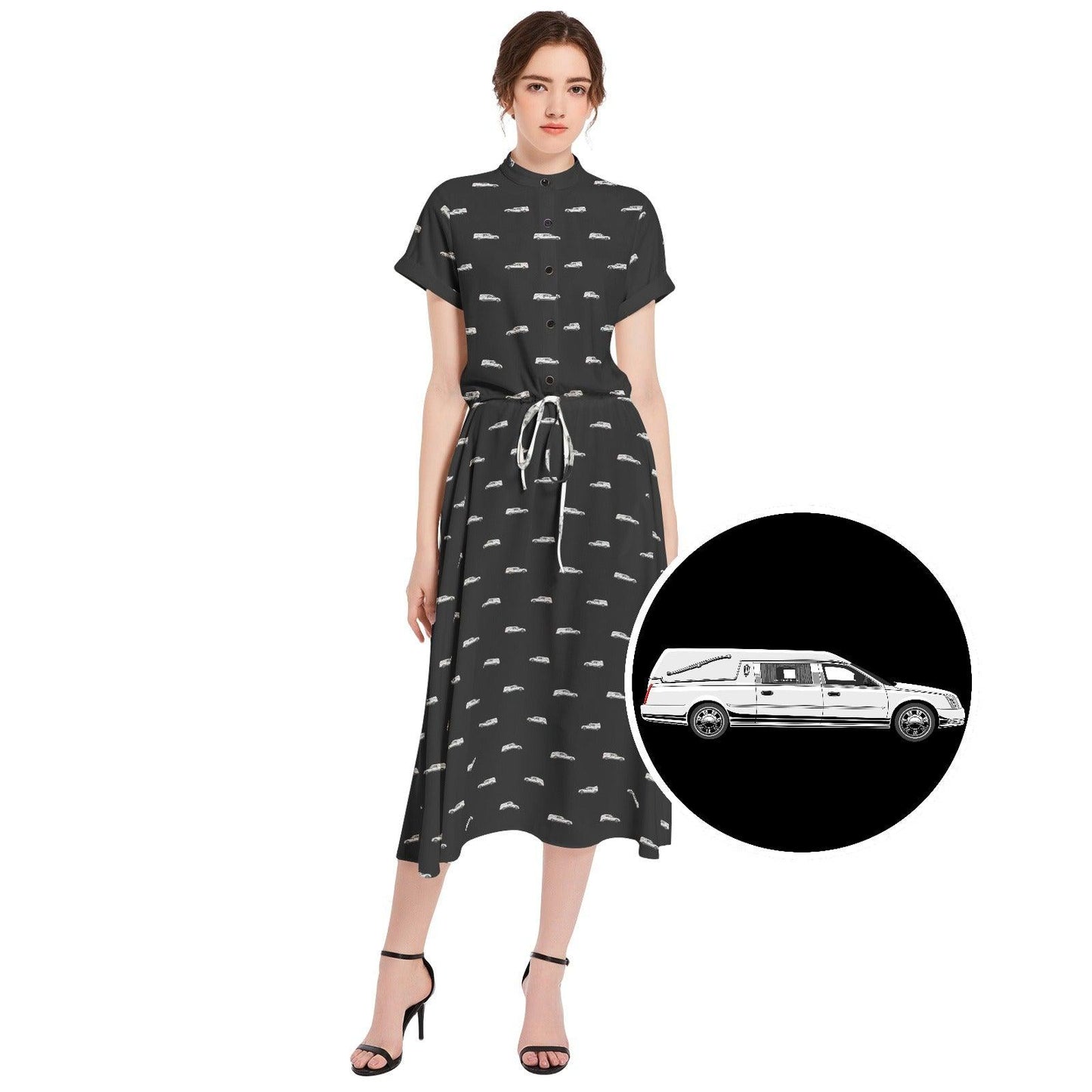 girl wearing long black dress with white funeral hearse pattern