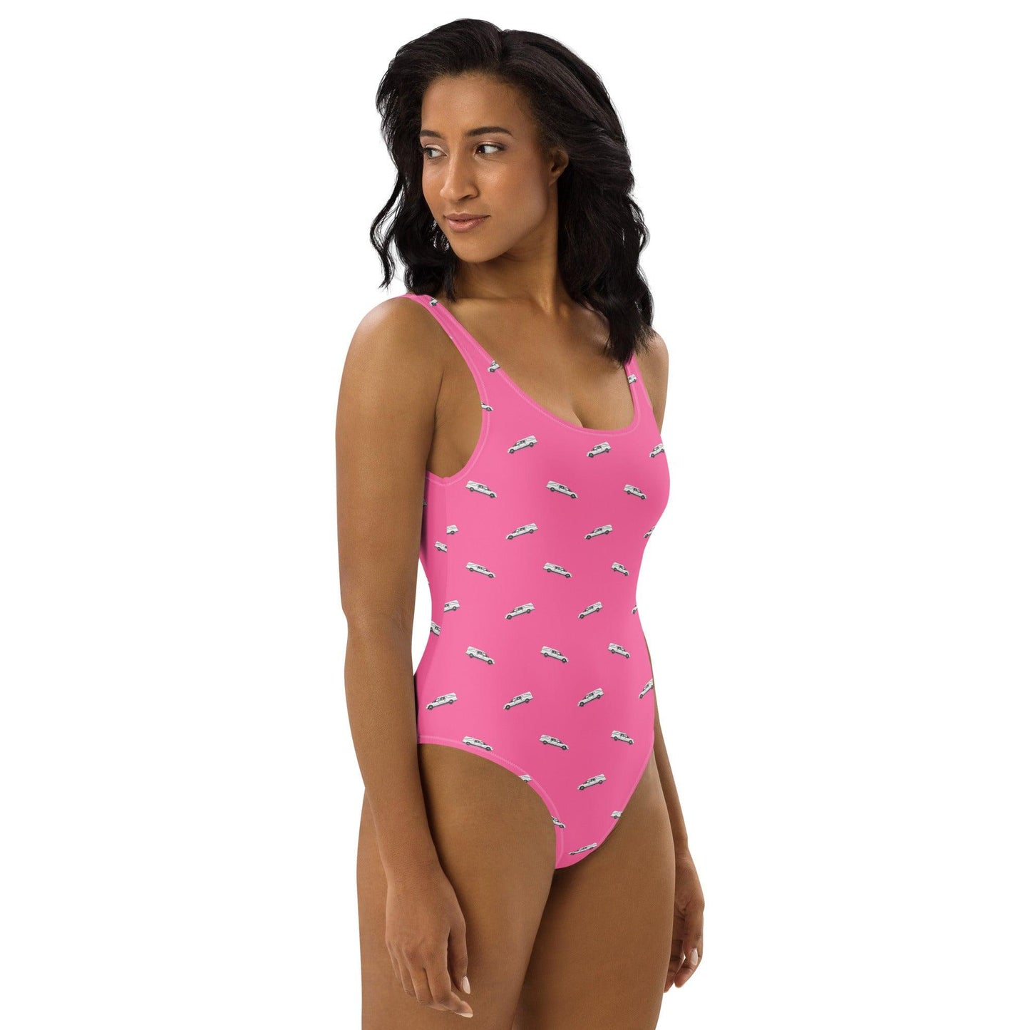 White Hearse on Hot Pink - One Piece Swimsuit - death positive, embalmer, funeral coach, funeral director, goth, hearse, mortician one piece swimsuit