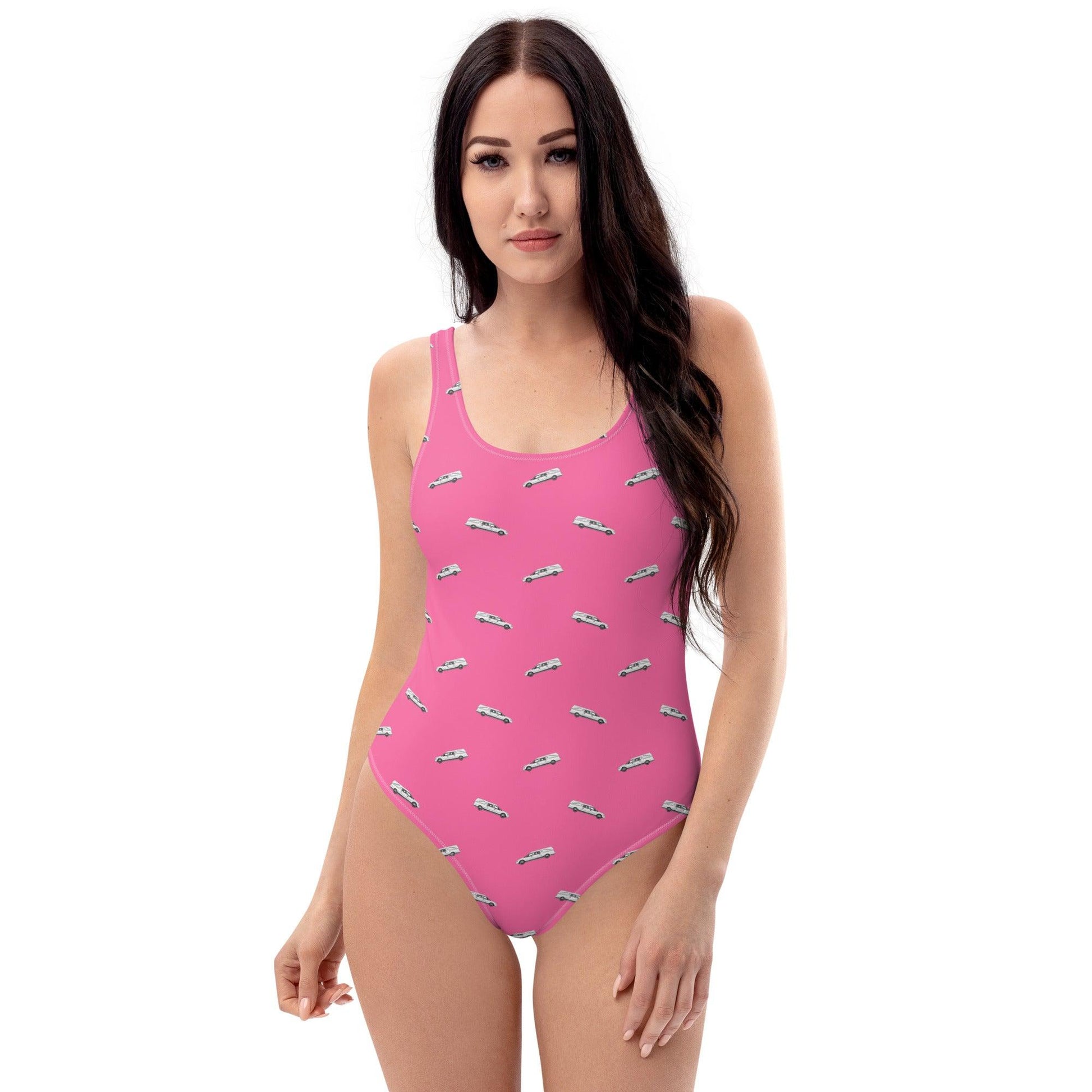 White Hearse on Hot Pink - One Piece Swimsuit - death positive, embalmer, funeral coach, funeral director, goth, hearse, mortician one piece swimsuit