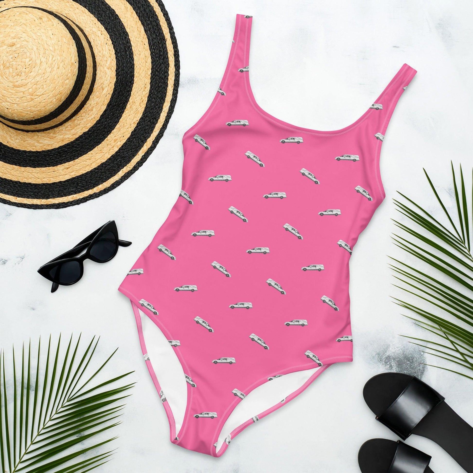 White Hearse on Hot Pink - One Piece Swimsuit - death positive, embalmer, funeral coach, funeral director, goth, hearse, mortician one piece swimsuit