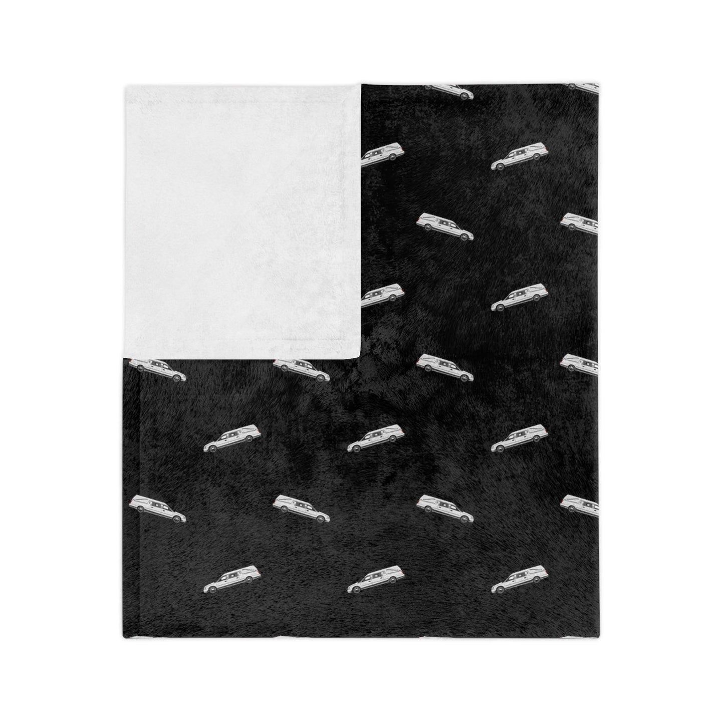 White Hearses on Black - Velveteen Minky Throw Blanket - Bed, Bedding, Blankets, funeral, funeral coach, funeral director, hearse, Home & Living, Indoor, mortician, Rest, Sleep, Sublimation Home Decor