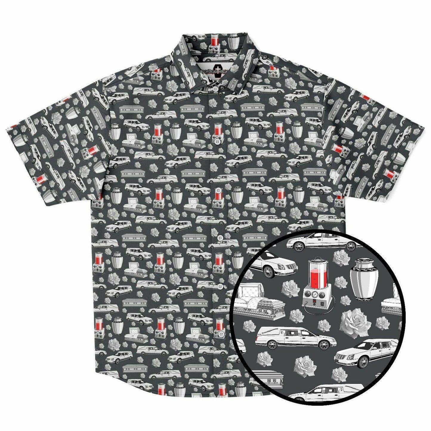 Dark grey button up short sleeve shirt with a white color pattern of a cremation urn, funeral hearse, casket, coffin, roses, embalming machine