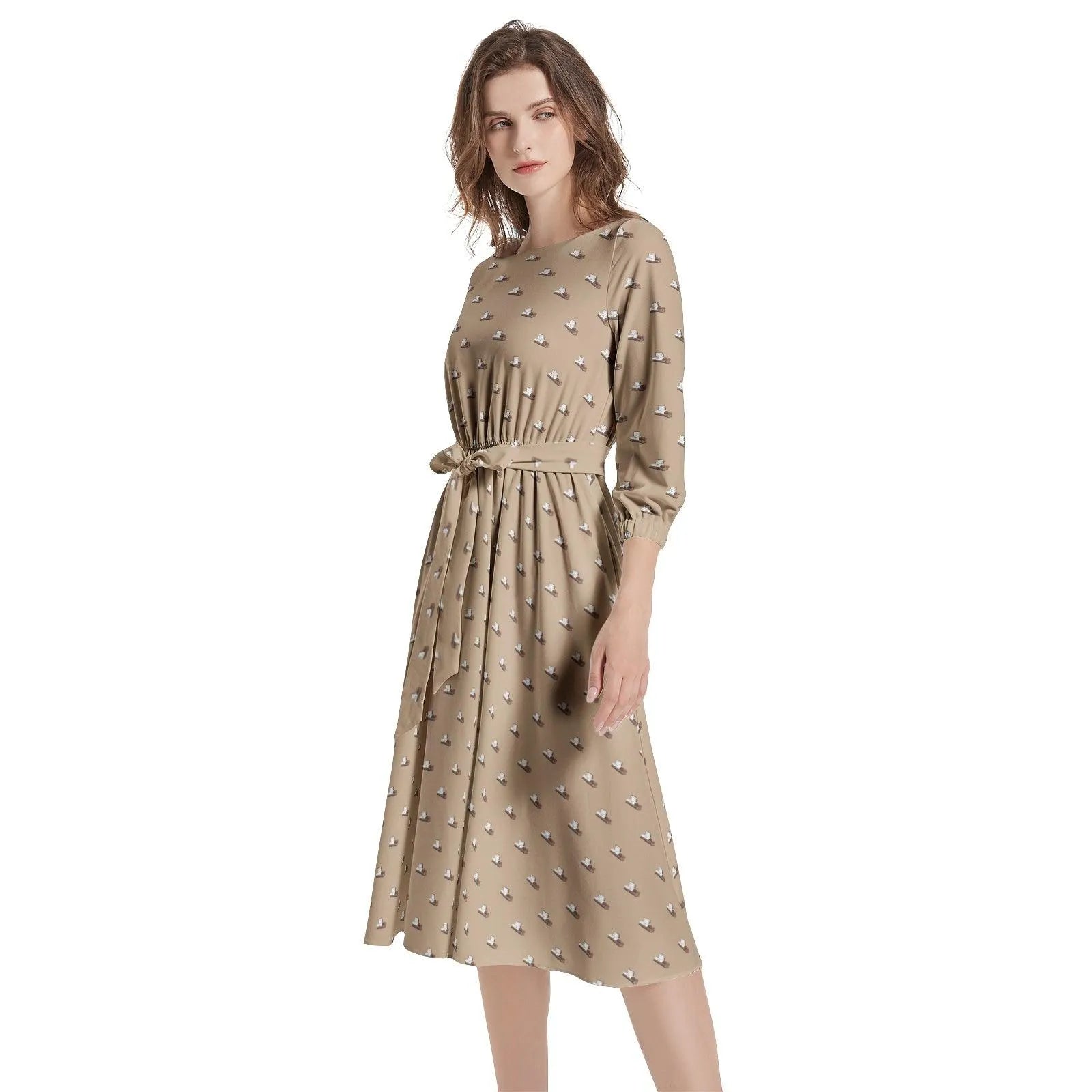 Dark Brown Casket on Light Brown - Boat Neck Belted Flared Dress XL Dark Brown Casket on Light Brown - Boat Neck Belted Flared Dress XL