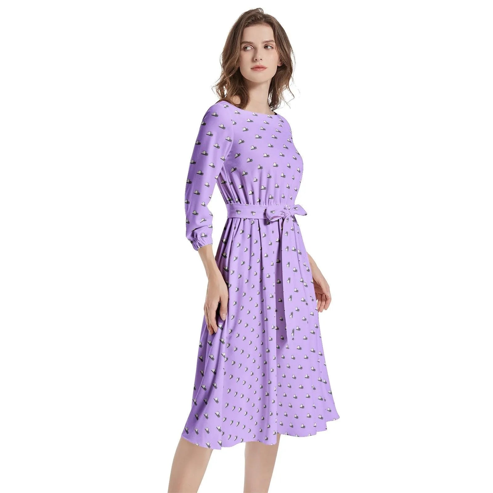 Dark Grey Casket on Light Purple - Boat Neck Belted Flared Dress 2XL Dark Grey Casket on Light Purple - Boat Neck Belted Flared Dress 2XL